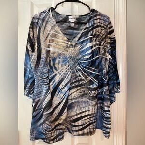 Chico’s Top Sz 3 Embellished Animal Print Tunic Blouse Flared 3/4 Sleeves Beaded